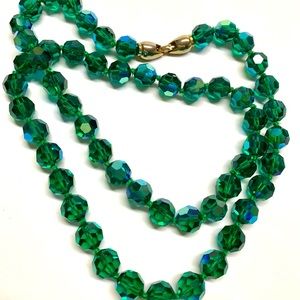 Vintage Faceted Crystal Ab Coated Long Necklace EMERALD GREEN Hand Knotted 60's